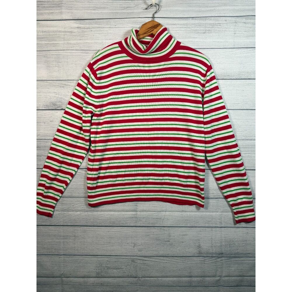 Crystal-Kobe Women’s XL Red Green White Striped Turtleneck Sweater 4329